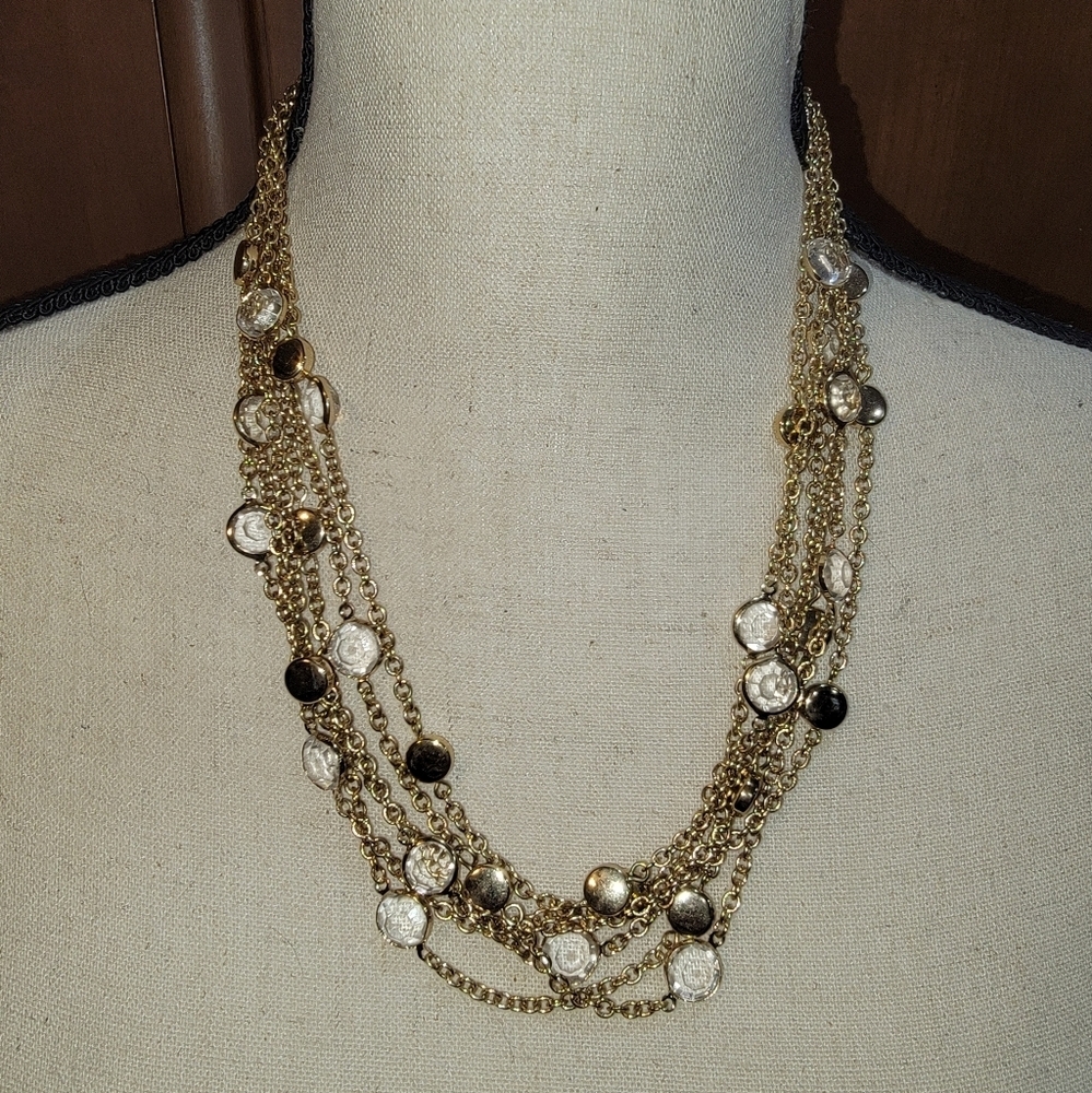 Vintage Six Strand Gold Tone Clear Smoky Bead Statement Necklace 20”